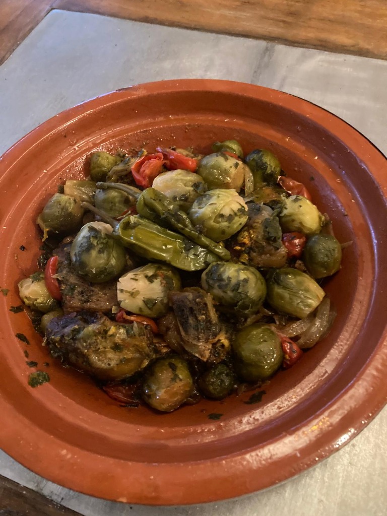 Traditional Moroccan meat tajine with Brussels sprouts